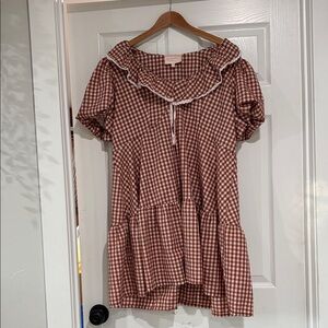 Gingham Ruffle Dress - Brown